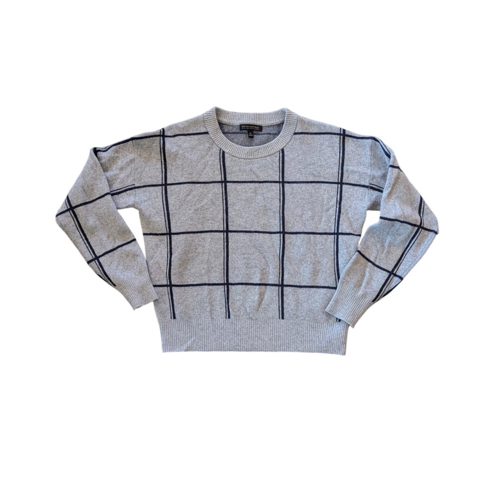 Banana Republic Sweater‎ Womens M Grey Windowpane Plaid Wool Cashmere Crewneck